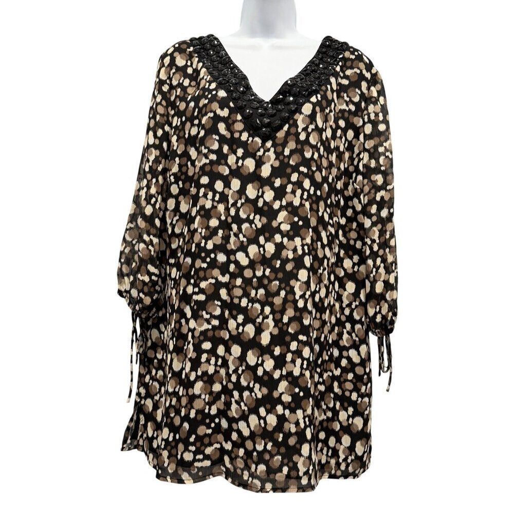 Jaclyn Smith Gemstone Neckline Animal Polka Dot Print Chiffon‎ Tunic Top Size XL